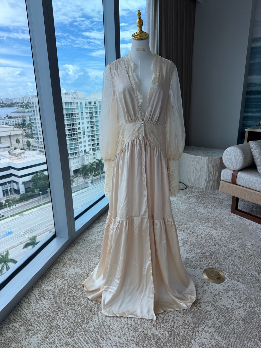 Elegant Cream Lace-Trim Maxi Dress